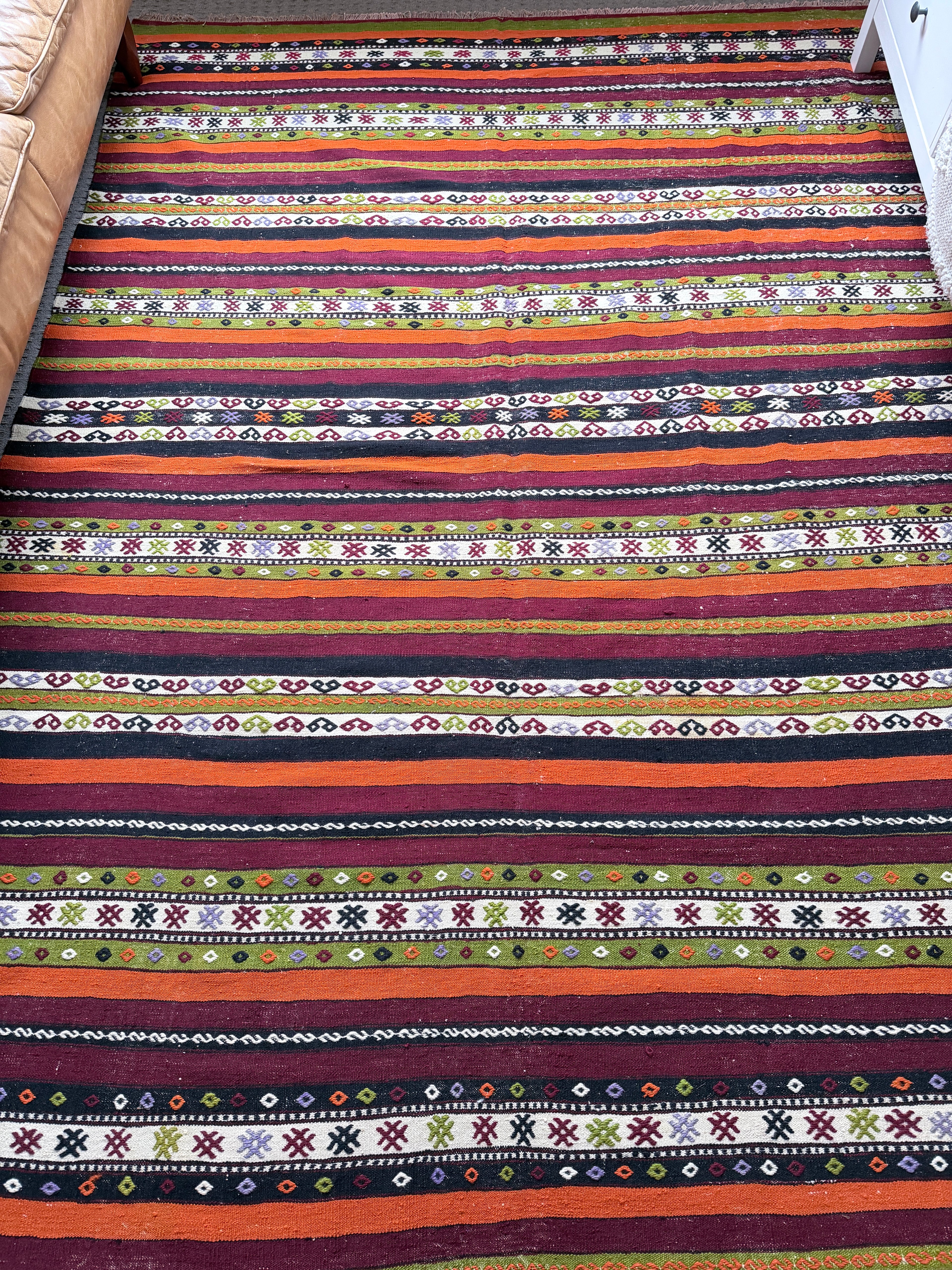 Handmade Turkish Cicim Kilim Rug – Bohemian Tribal Wool Flatweave – Vintage Anatolian Area Rug – 174x238 cm