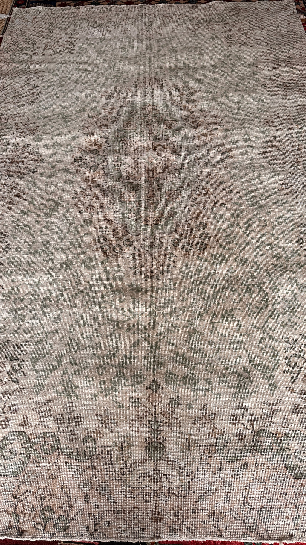Handwoven Wool Rug – 163x259 cm – Vintage Look Medallion – Neutral Ivory Sage Green Carpet