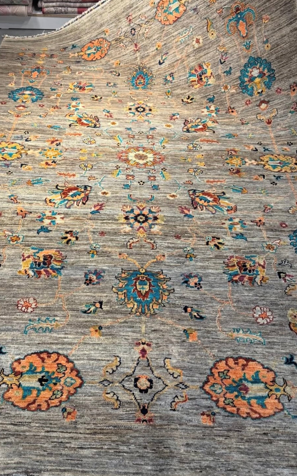 Afghan Sultani Chobi Rug – 200×300 cm – Hand-Knotted Wool – Grey Beige Floral Statement Carpet