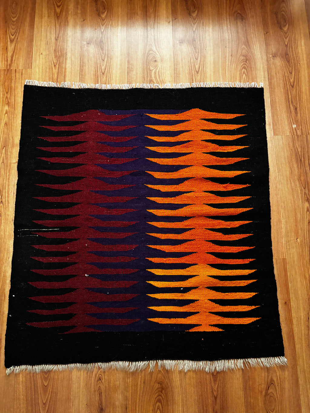 95 × 103 cm Handmade Turkish Afyon Kilim – Vintage Geometric Wool Carpet– Minimalist Anatolian Flatweave