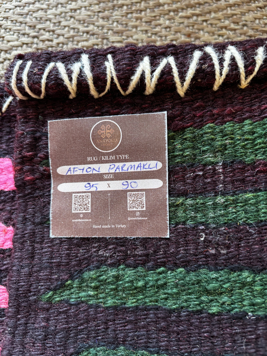 90 × 95 cm Vintage Afyon Parmaklı Kilim – Handmade Turkish Wool Carpet