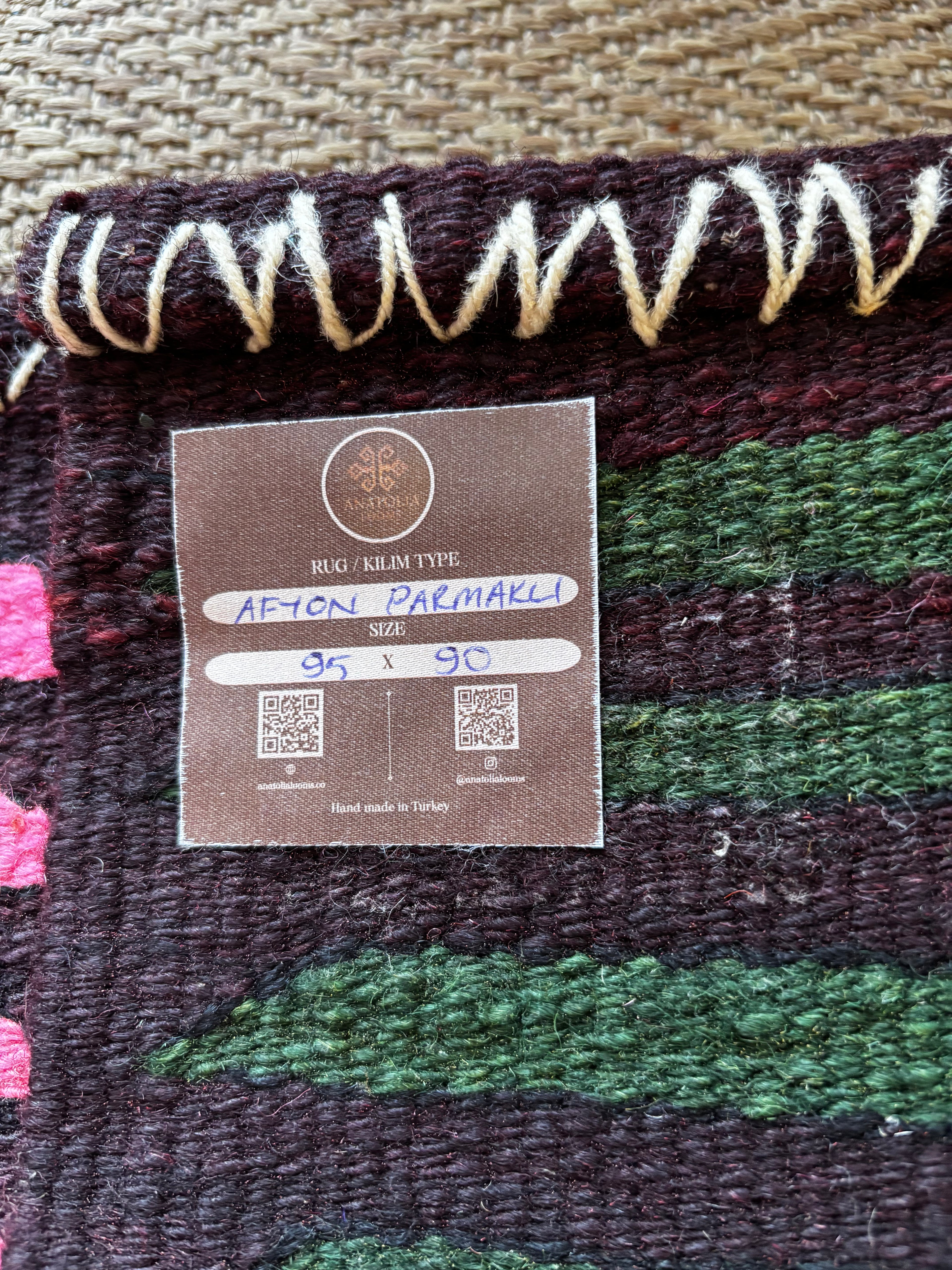90 × 95 cm Vintage Afyon Parmaklı Kilim – Handmade Turkish Wool Carpet