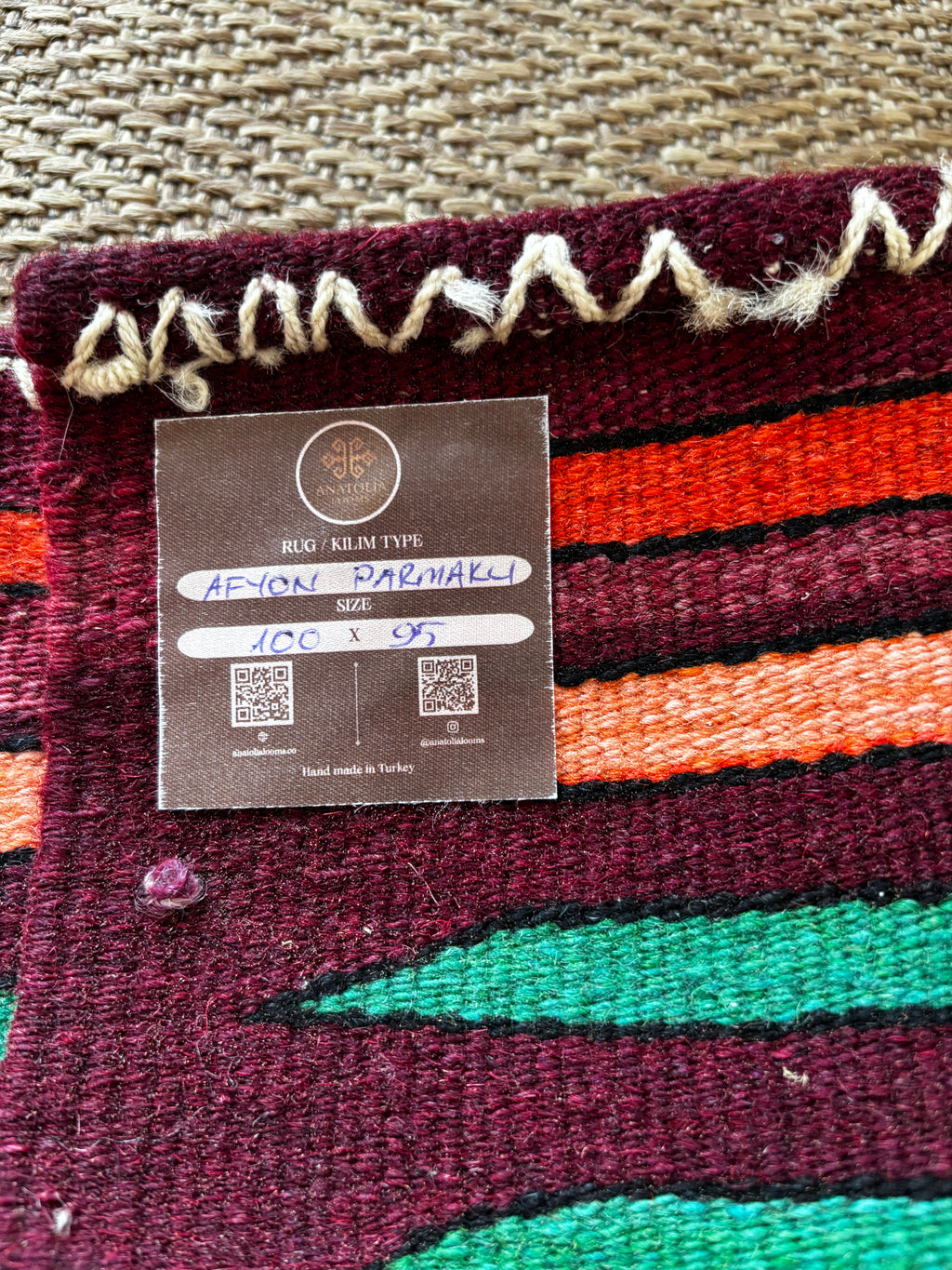 95 × 100 cm Vintage Afyon Parmaklı Kilim – Handmade Turkish Wool Carpet