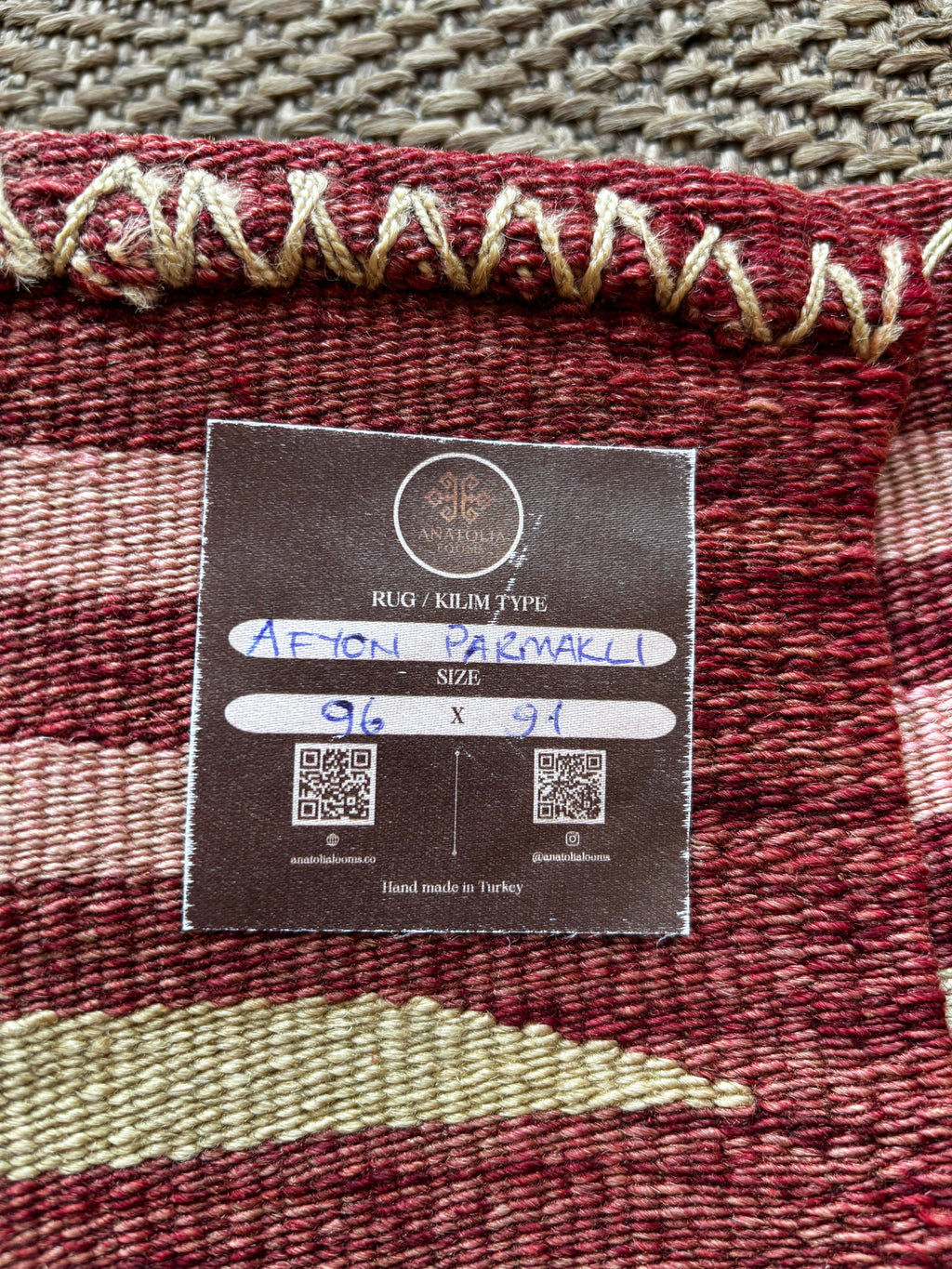 91 × 96 cm Vintage Afyon Parmaklı Kilim – Handmade Turkish Wool Carpet