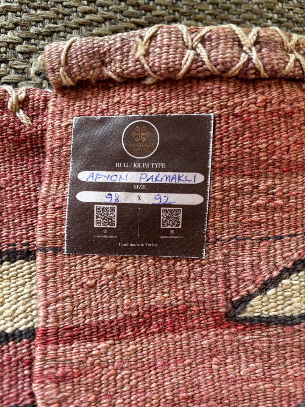 92 × 98 cm Vintage Afyon Parmaklı Kilim – Handmade Turkish Wool Carpet