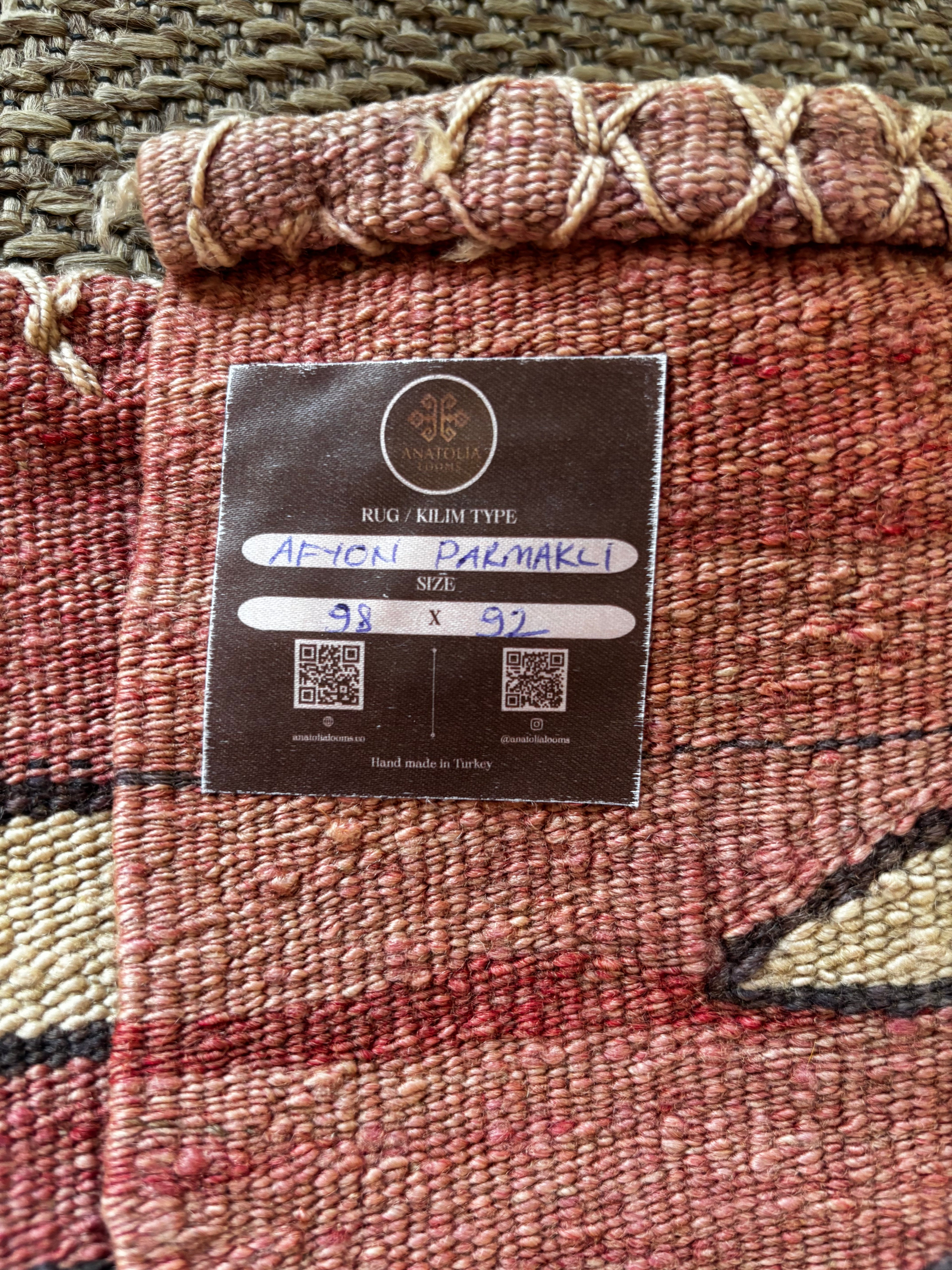 92 × 98 cm Vintage Afyon Parmaklı Kilim – Handmade Turkish Wool Carpet