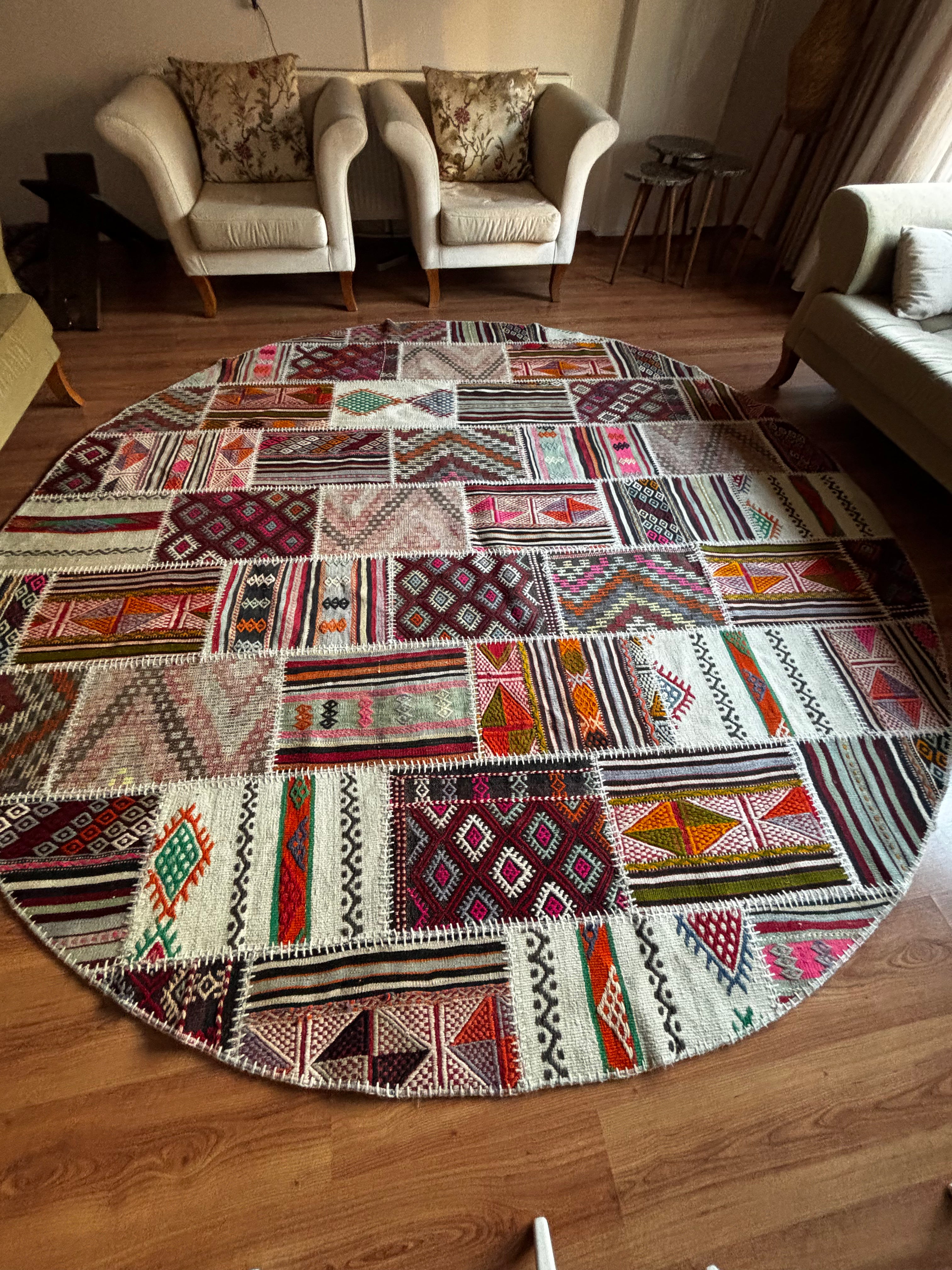 305 × 305 cm | Handmade Turkish Wool Patchwork Kilim | One-of-a-Kind