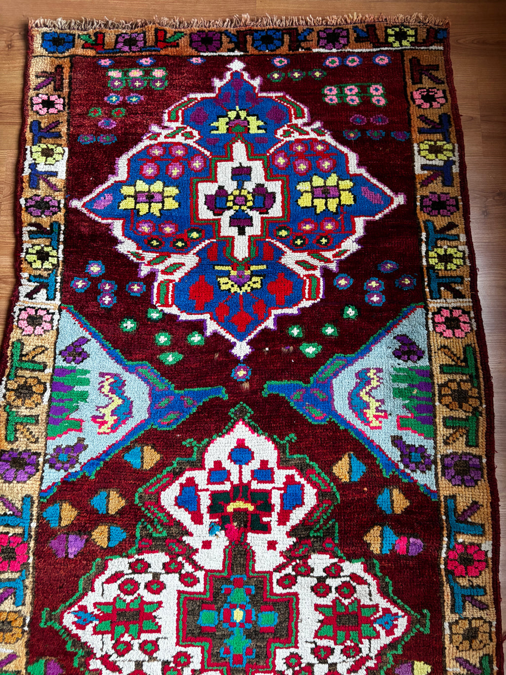 Herki Tribal Runner Rug – Burgundy · 96 × 337 cm