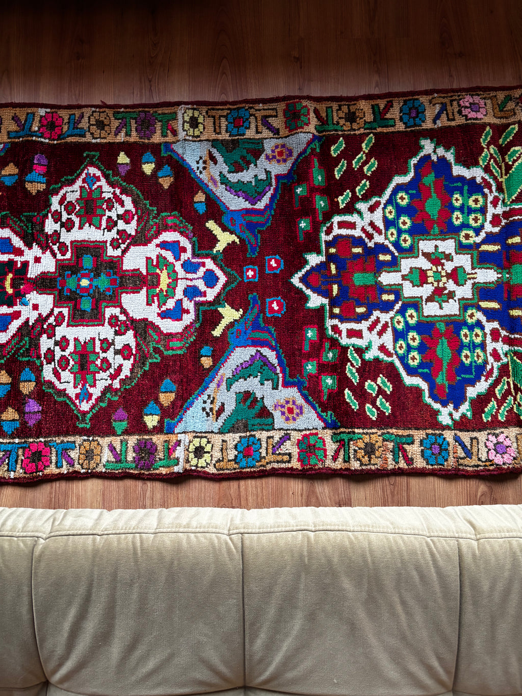 Herki Tribal Runner Rug – Burgundy · 96 × 337 cm