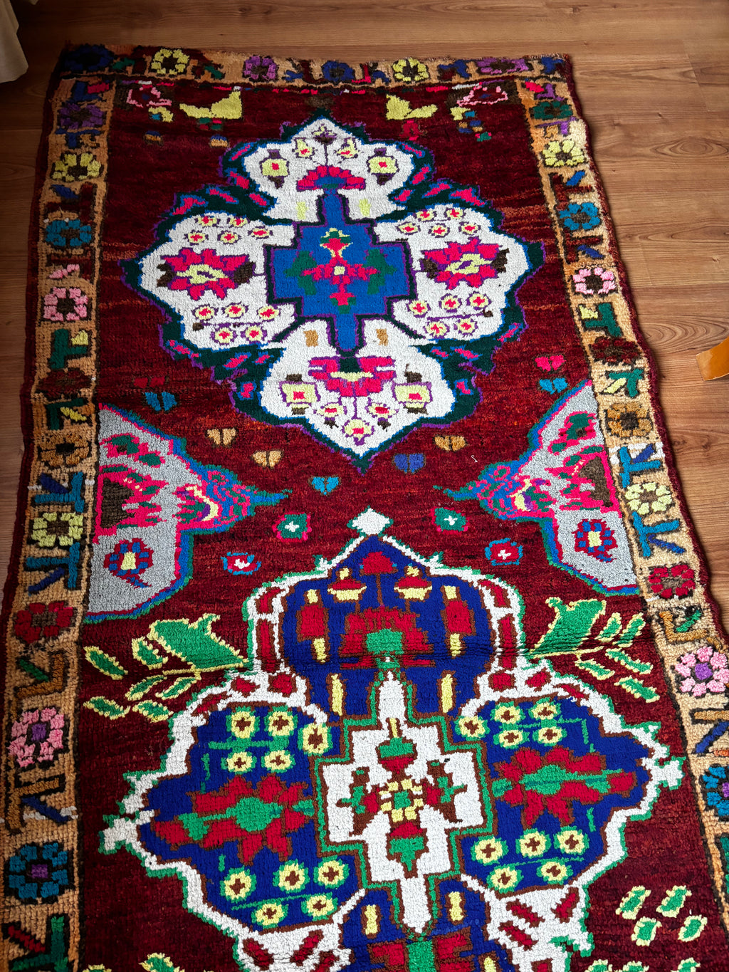 Herki Tribal Runner Rug – Burgundy · 96 × 337 cm