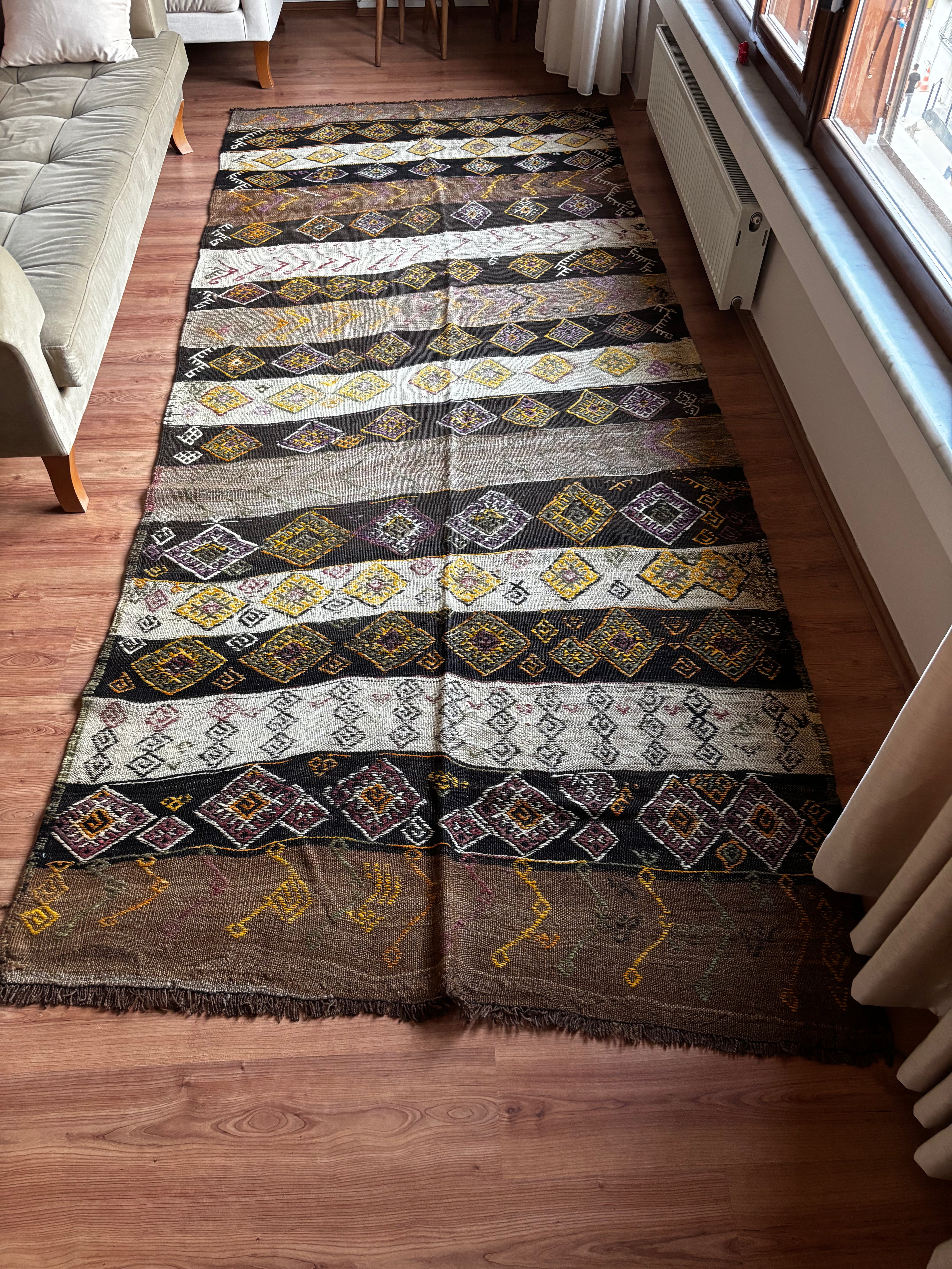 150 × 380 cm Handmade Turkish Kars Cicim Kilim Runner – Vintage Tribal Wool Flatweave