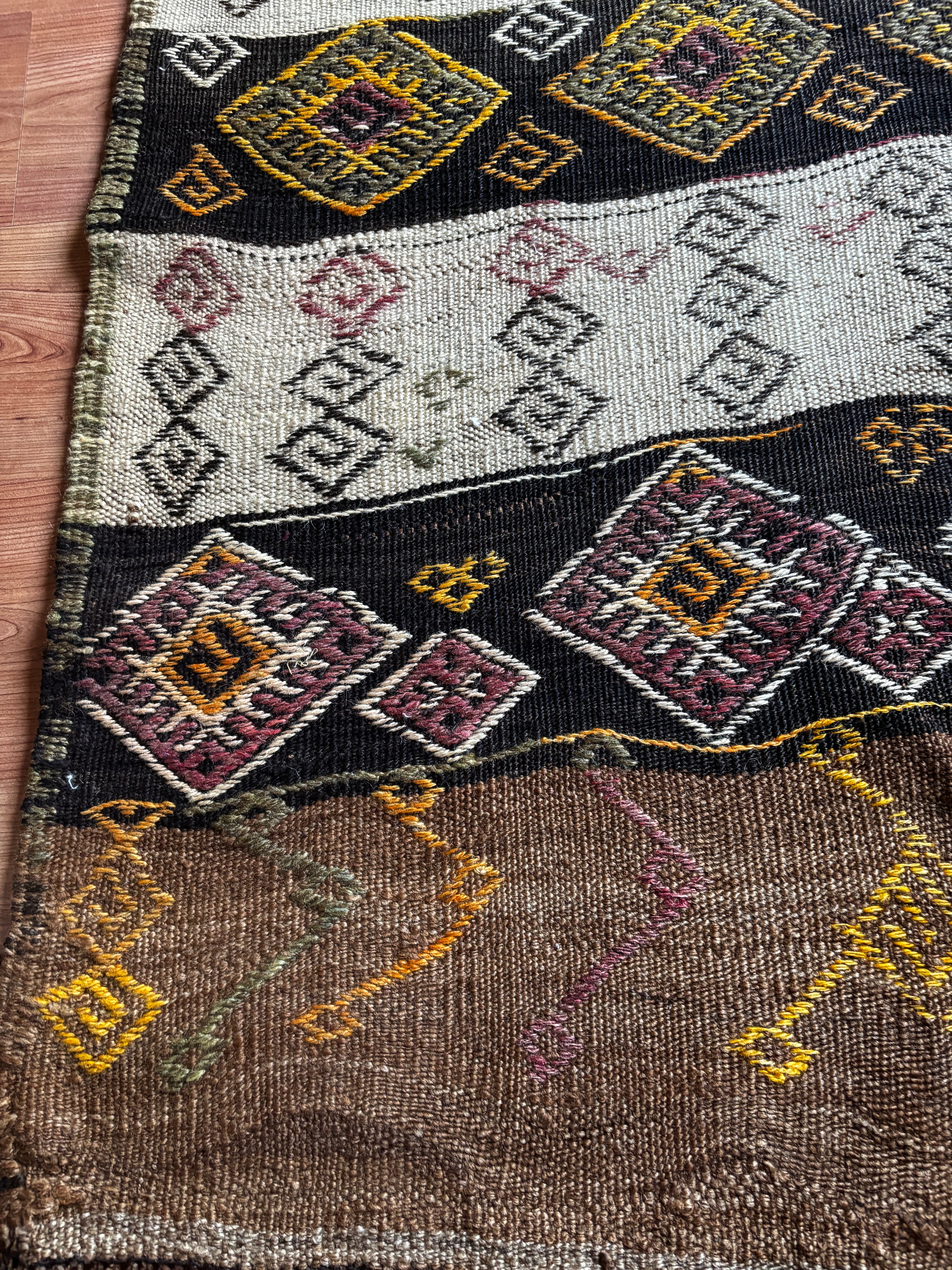 150 × 380 cm Handmade Turkish Kars Cicim Kilim Runner – Vintage Tribal Wool Flatweave
