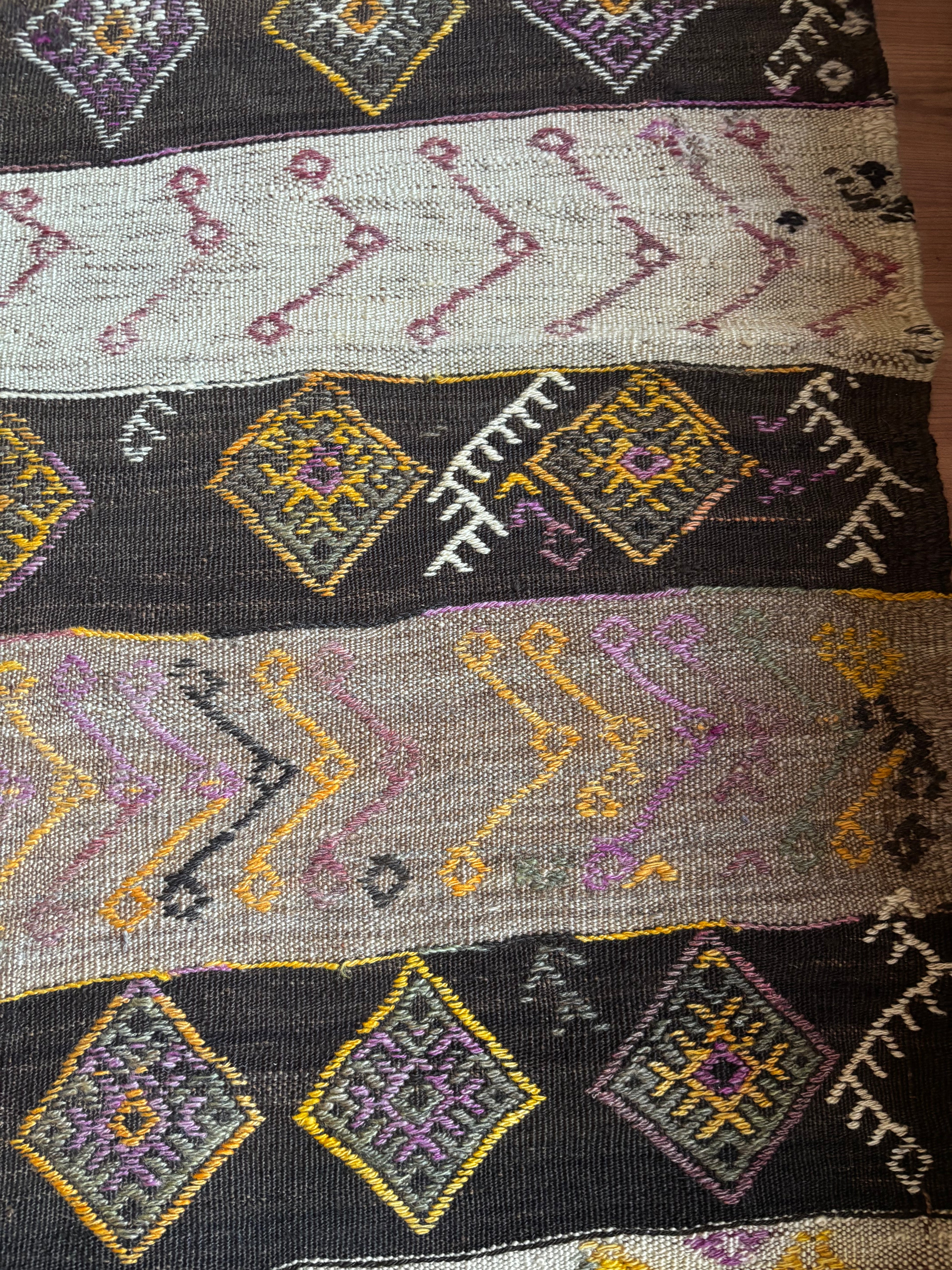 150 × 380 cm Handmade Turkish Kars Cicim Kilim Runner – Vintage Tribal Wool Flatweave