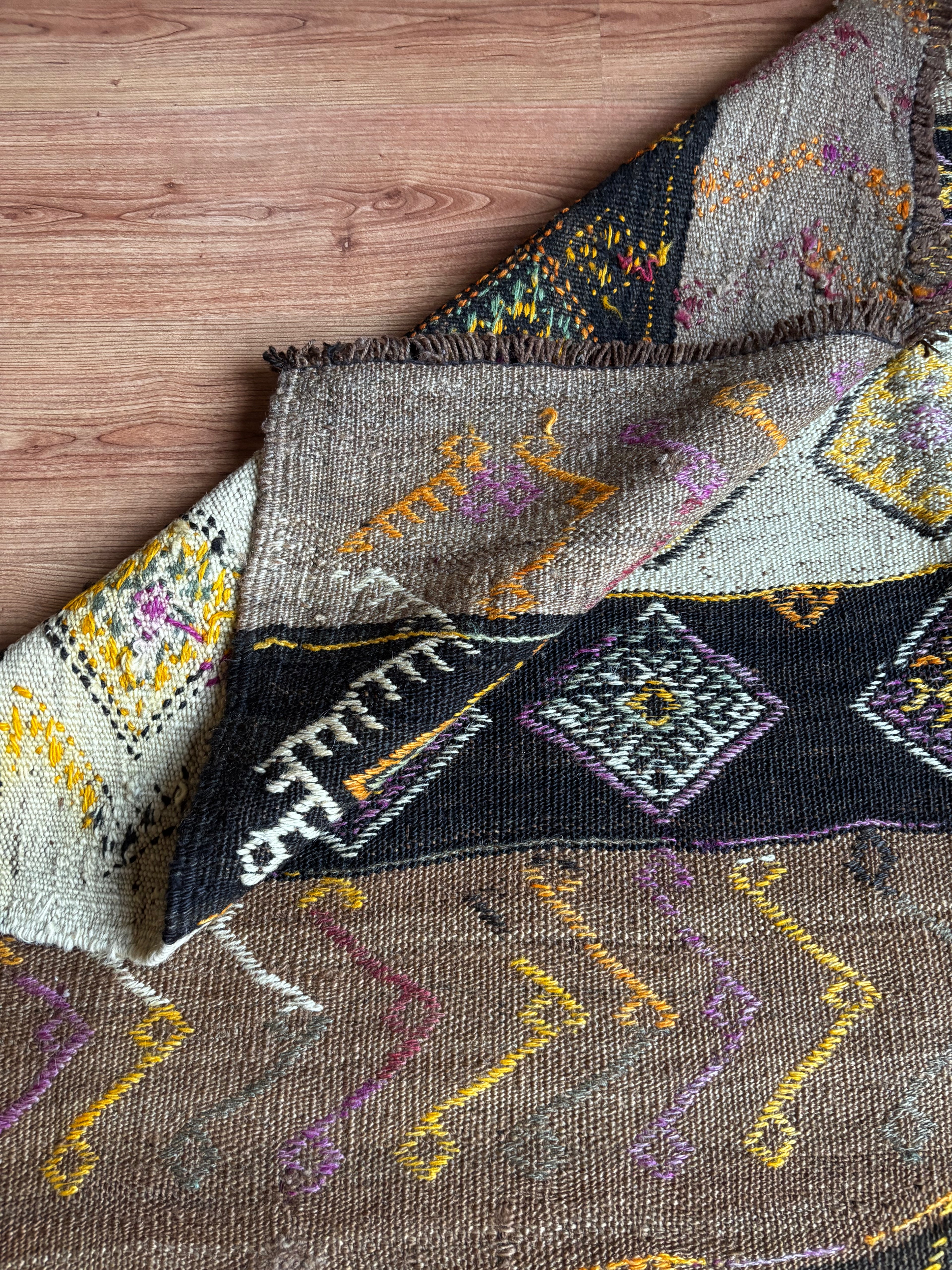 150 × 380 cm Handmade Turkish Kars Cicim Kilim Runner – Vintage Tribal Wool Flatweave