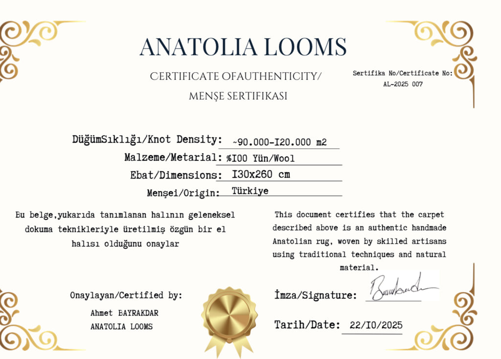 Türk Dokuma Altın Kilimi – 130×260 cm | El Dokuma Yün Kilim