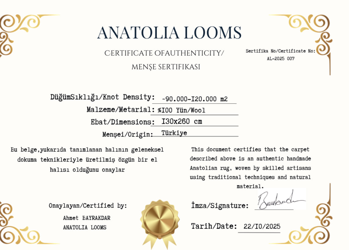 Türk Dokuma Altın Kilimi – 130×260 cm | El Dokuma Yün Kilim