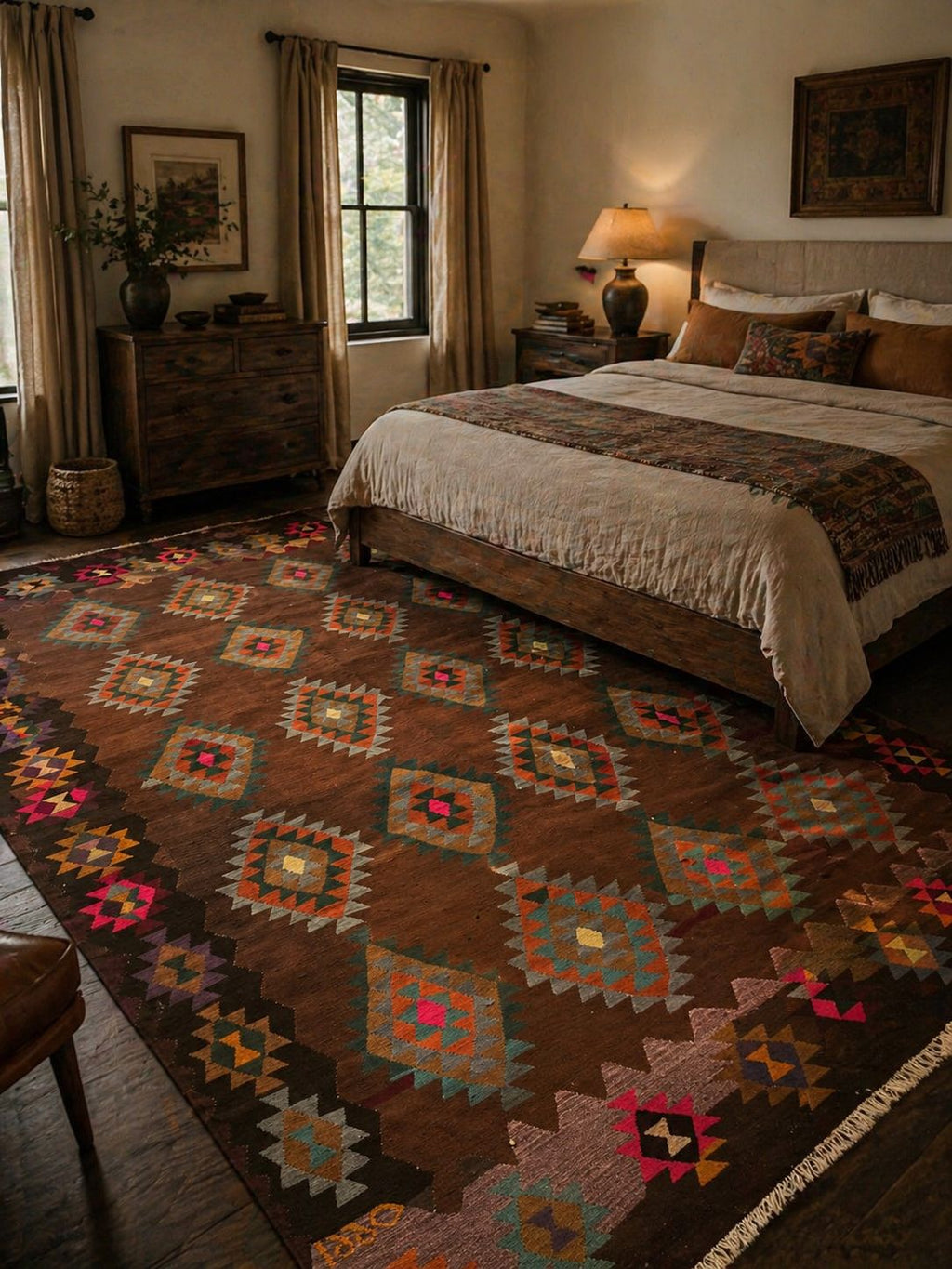 Large Vintage Kilim Rug – 200x323 cm – Handwoven Wool Bohemian Carpet