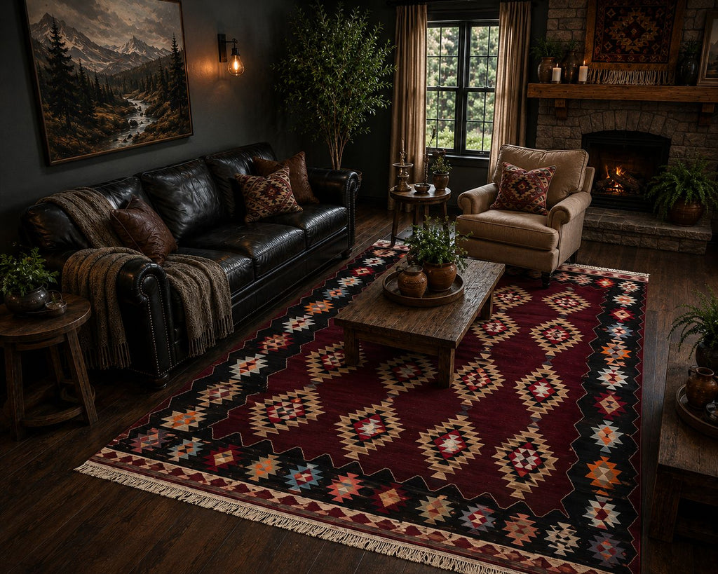 Handwoven Balıkesir Kilim Rug – 198 × 268 cm – Vintage Turkish Wool Rug – Tribal Geometric Flatweave