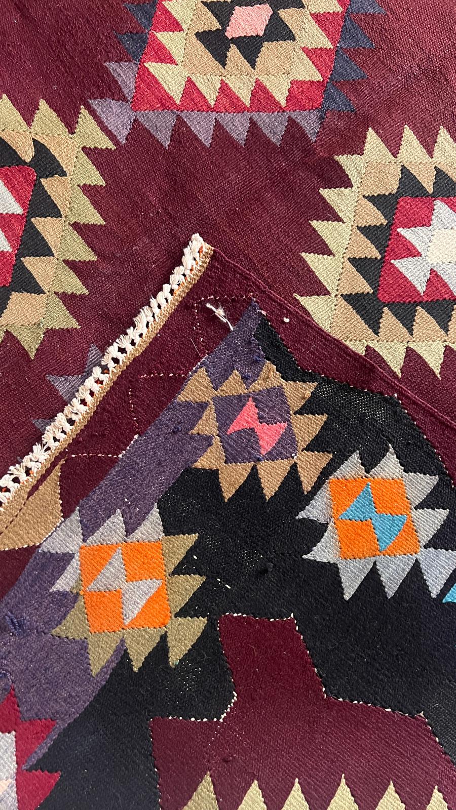Handwoven Balıkesir Kilim Rug – 198 × 268 cm – Vintage Turkish Wool Rug – Tribal Geometric Flatweave