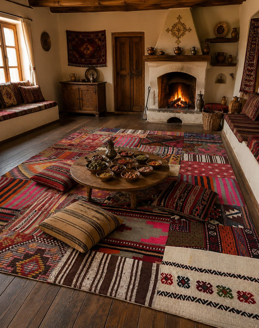 Turkish Patchwork Kilim Rug – 194 × 247 cm – Handmade Vintage Wool Kilim
