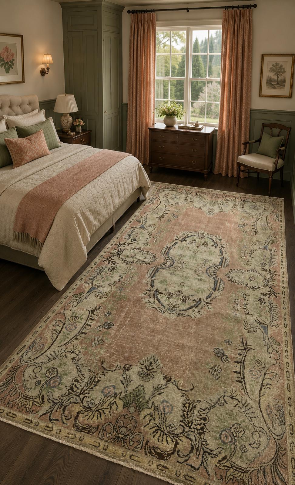 Vintage Turkish Rug 177x290 cm – Handmade Wool Soft Coral Oushak Style Large Area Rug