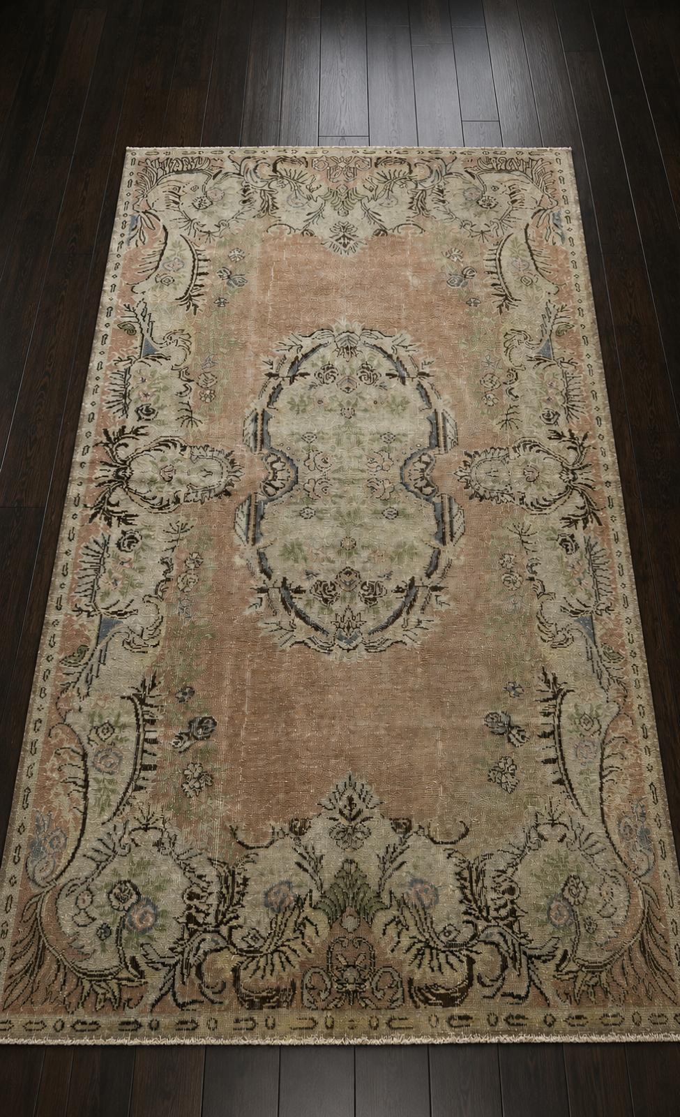 Vintage Turkish Rug 177x290 cm – Handmade Wool Soft Coral Oushak Style Large Area Rug