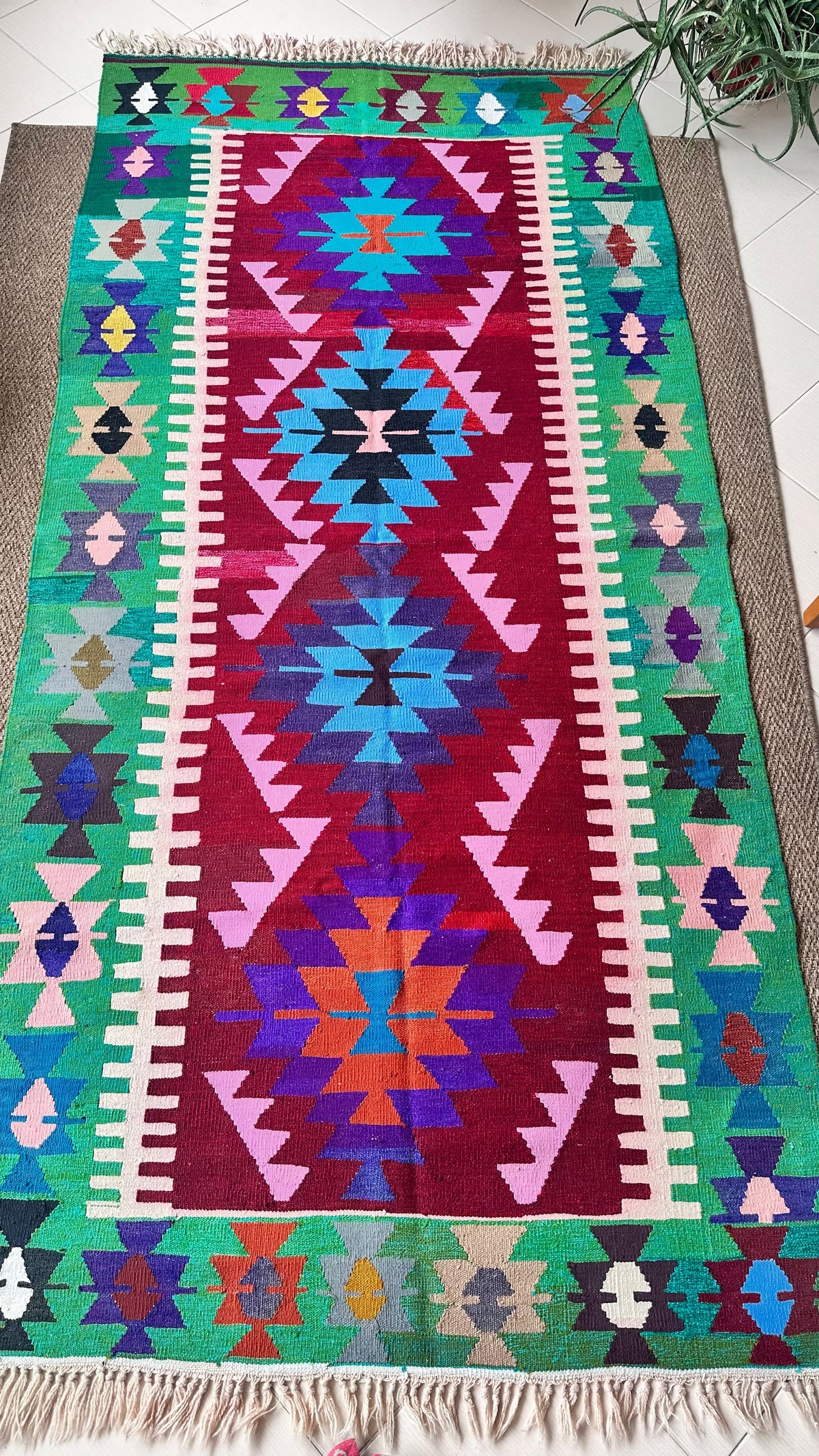 Vintage Oushak Kilim – Green · 124 × 265 cm
