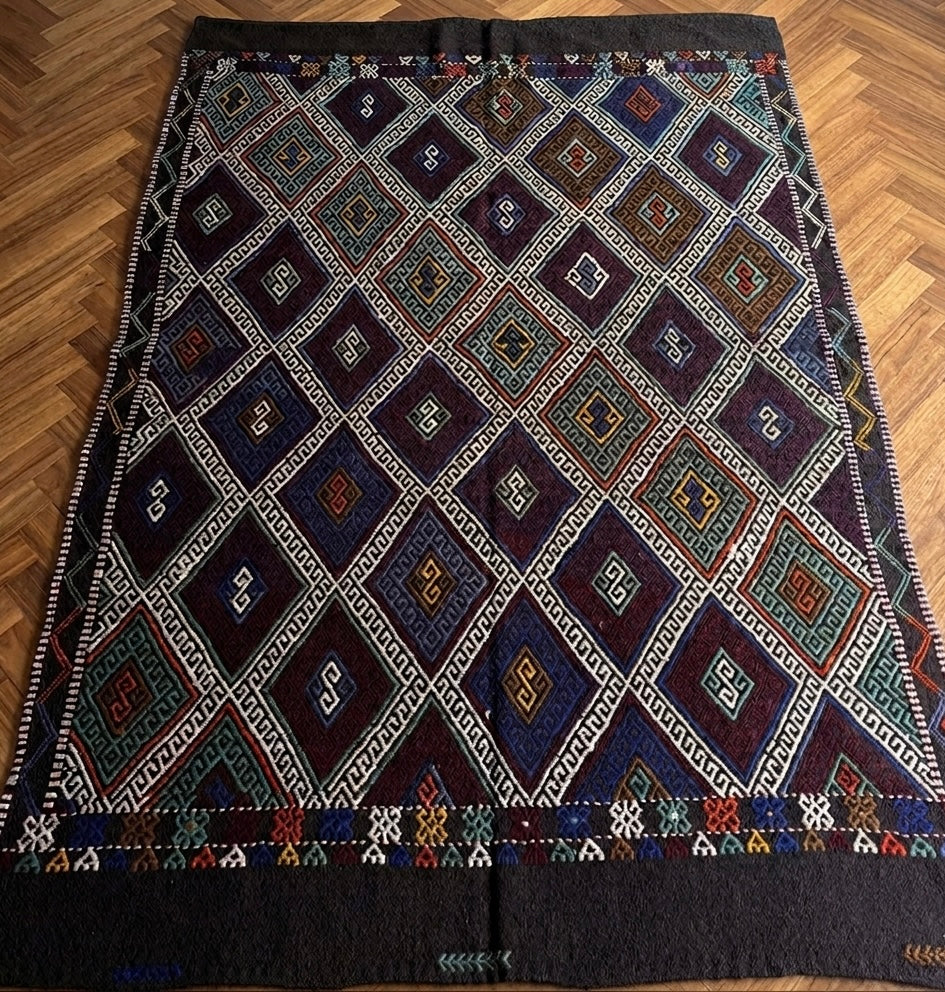 Vintage Turkish Cicim Kilim Rug 147x210 cm – Handmade Wool Tribal Rug – Anatolian Geometric Decor