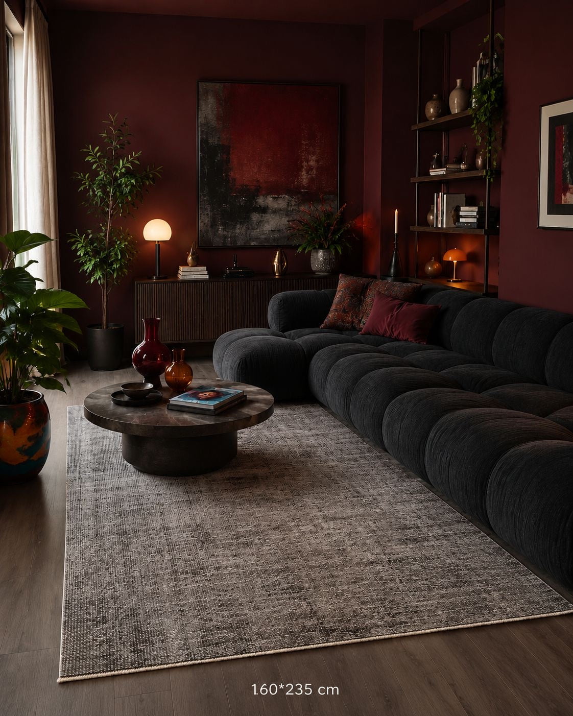 Vintage Minimalist Turkish Rug 160x235 cm – Handwoven Wool Kilim – Charcoal Grey Flatweave