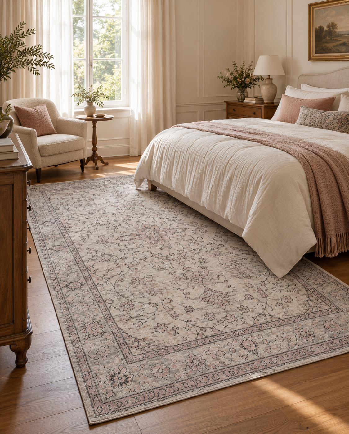 Vintage Turkish rug in ivory, 160 × 274 cm, in a bedroom