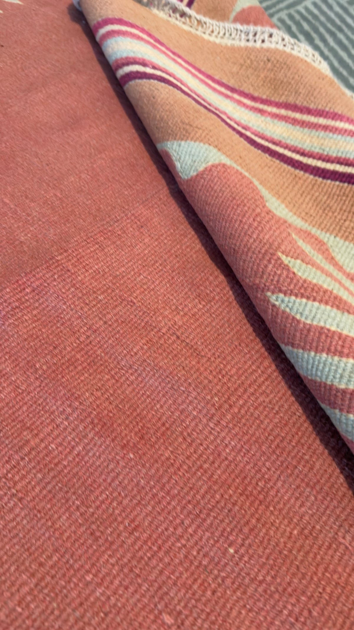 Vintage Bodrum kilim in coral, close-up of the weave