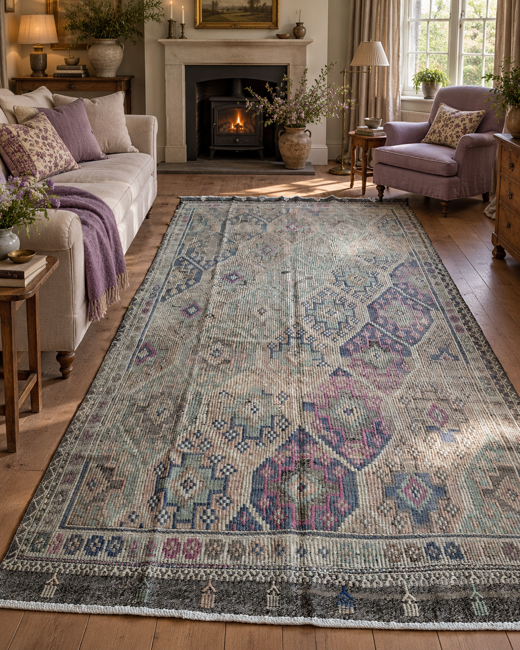 Vintage Kepsut Cicim Kilim, Faded Sage & Lilac, 185 × 328 cm – detail view 1