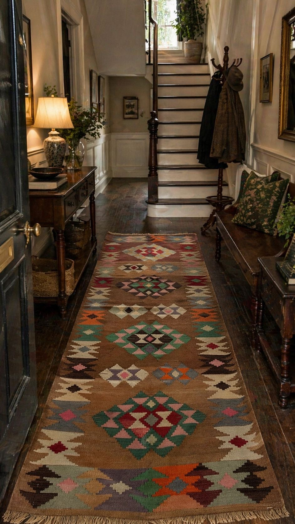 Handwoven Anatolian Kilim Runner – 97x280 cm – Wool Tribal Rug – Vintage Geometric Design