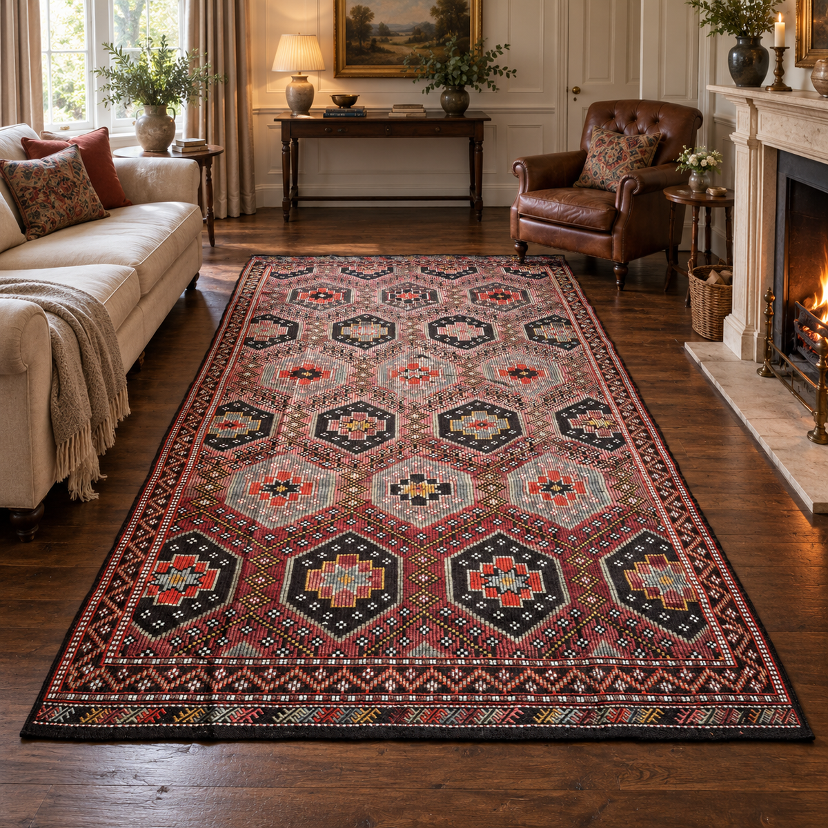 Vintage Balıkesir Cicim Kilim, Pink & Charcoal, 180 × 330 cm – detail view 1