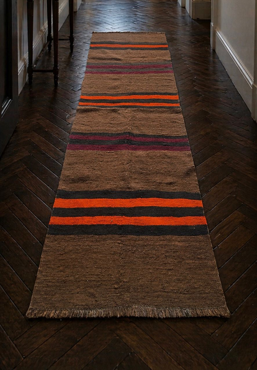 Handwoven Anatolian Kilim Runner – 97x201 cm – Wool Rustic Tribal Rug – Minimal Stripe Design