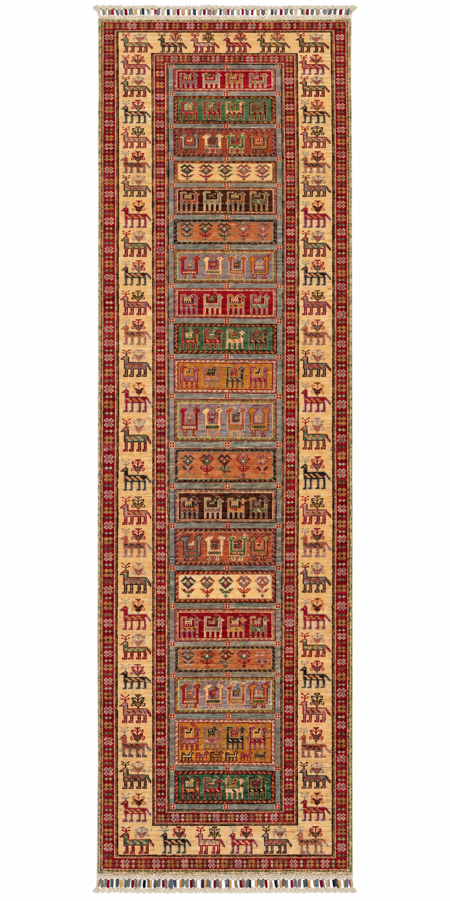 Ivory Afghan Pazyryk runner rug with animal motifs, 80 × 300 cm