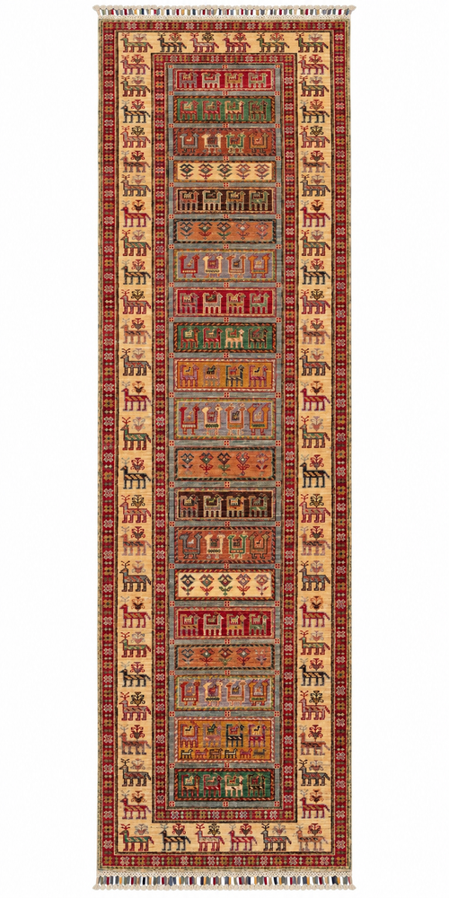Ivory Afghan Pazyryk runner rug with animal motifs, 80 × 300 cm
