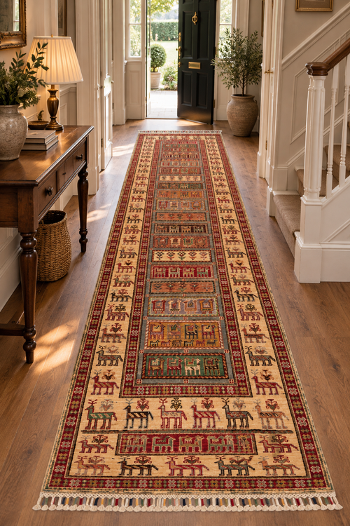 Afghan Pazyryk Runner Rug, Ivory, 80 × 300 cm – detail view 1