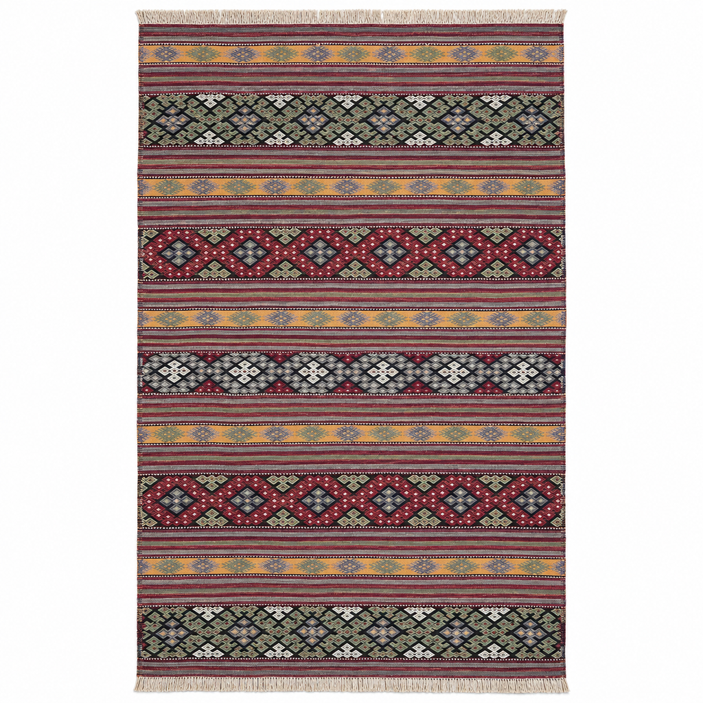 Vintage Anatolian kilim with red and mustard stripes, 185 × 292 cm, styled in a living room