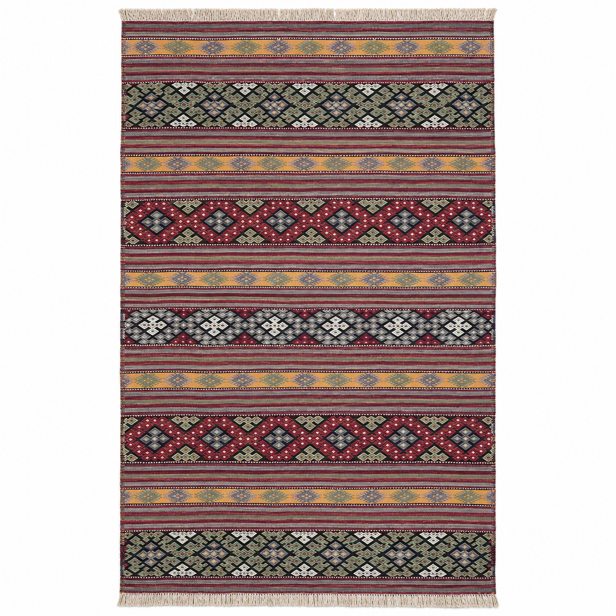 Vintage Anatolian kilim with red and mustard stripes, 185 × 292 cm, styled in a living room