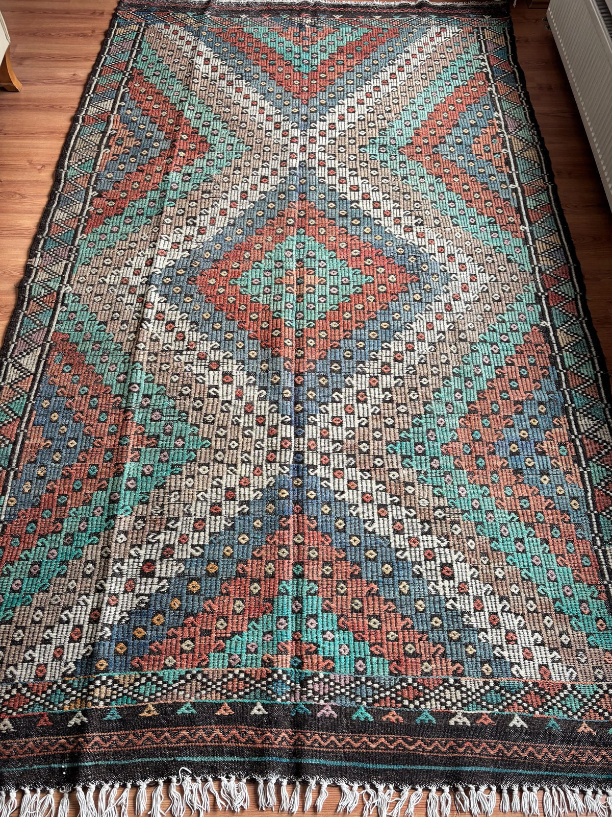 Vintage Manisa Cicim Kilim, Turquoise & Rust, 200 × 344 cm – detail view 2