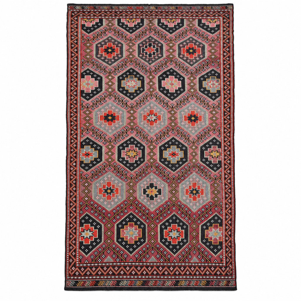 Vintage Balıkesir cicim kilim in pink and charcoal, 180 × 330 cm
