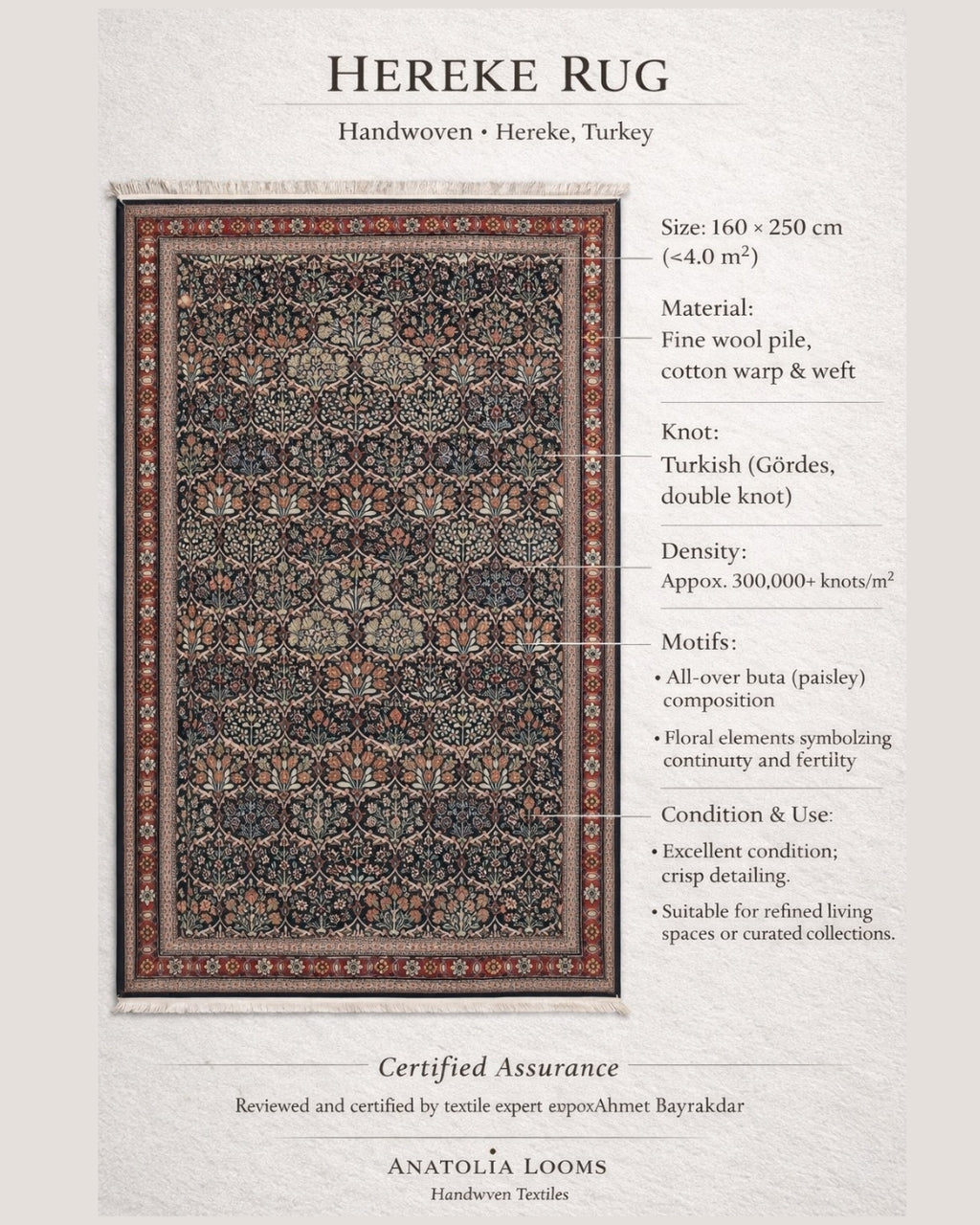 Hereke Handwoven Wool Rug – 160×250 cm | Classic Turkish Floral Carpet