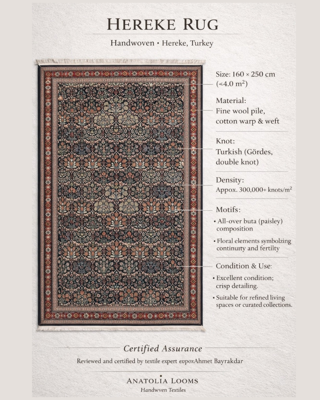Hereke Handwoven Wool Rug – 160×250 cm | Classic Turkish Floral Carpet