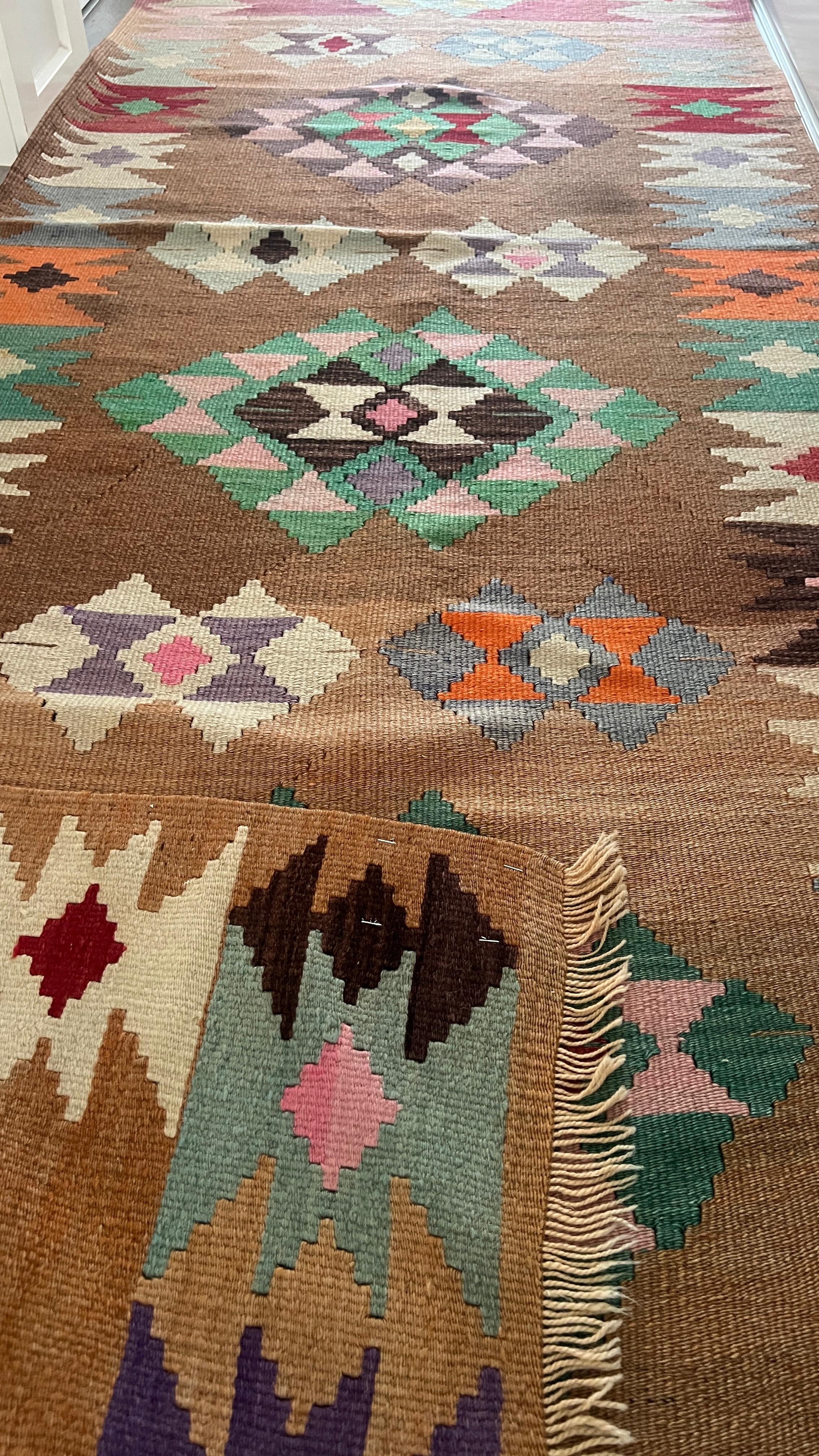 Handwoven Anatolian Kilim Runner – 97x280 cm – Wool Tribal Rug – Vintage Geometric Design