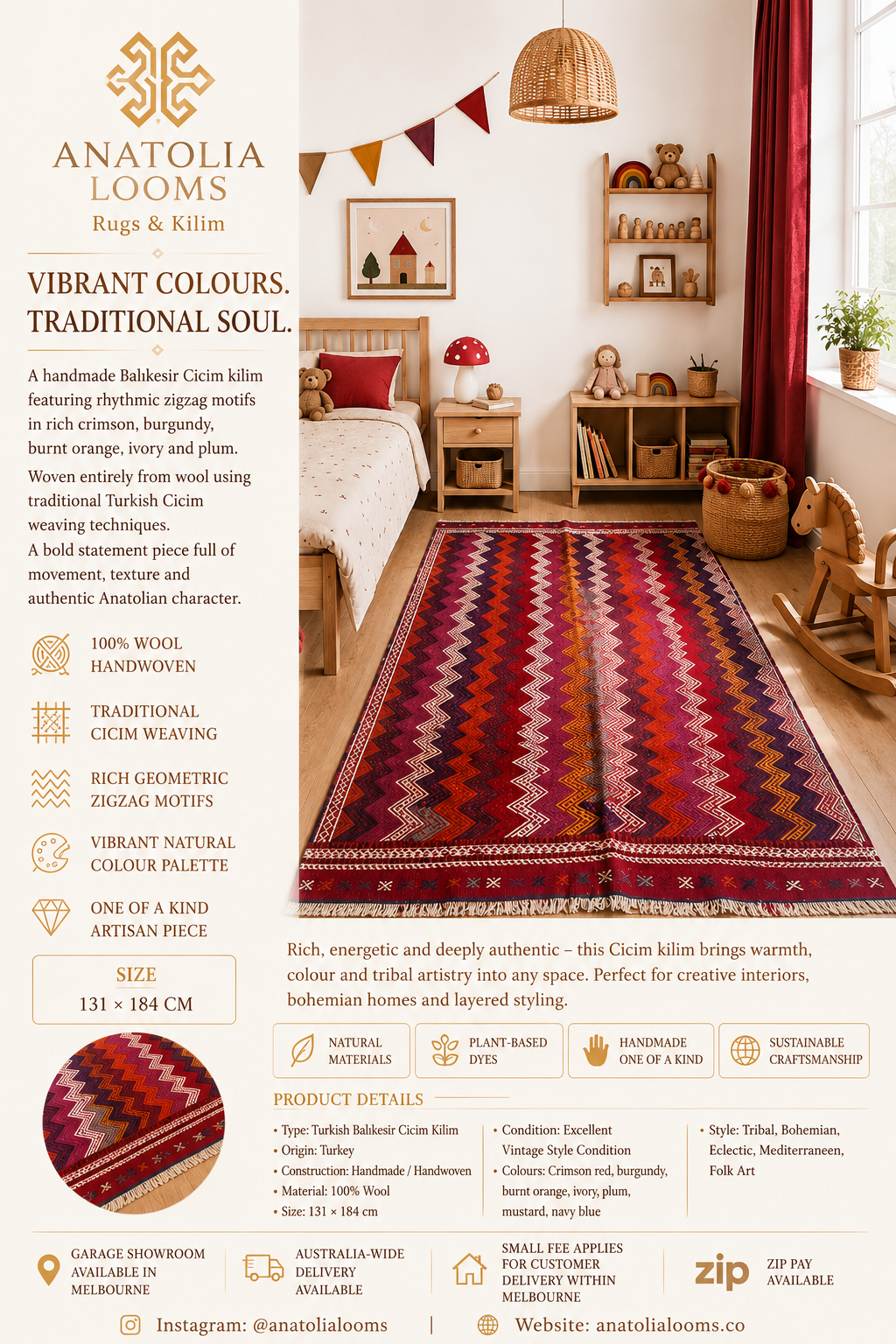 Handmade Turkish Balıkesir Cicim Kilim – 131 × 184 cm – Vintage Tribal Wool Rug