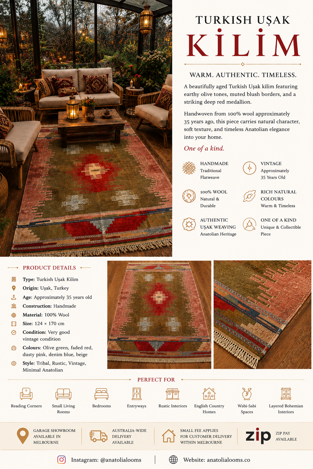 Vintage Turkish Uşak Kilim – 124 × 170 cm – Handmade Wool Tribal Rug