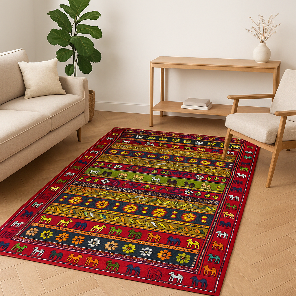 Azerbaijani Karabakh Rug – 130 × 190 cm | Handmade Wool | Camel & Floral Motifs