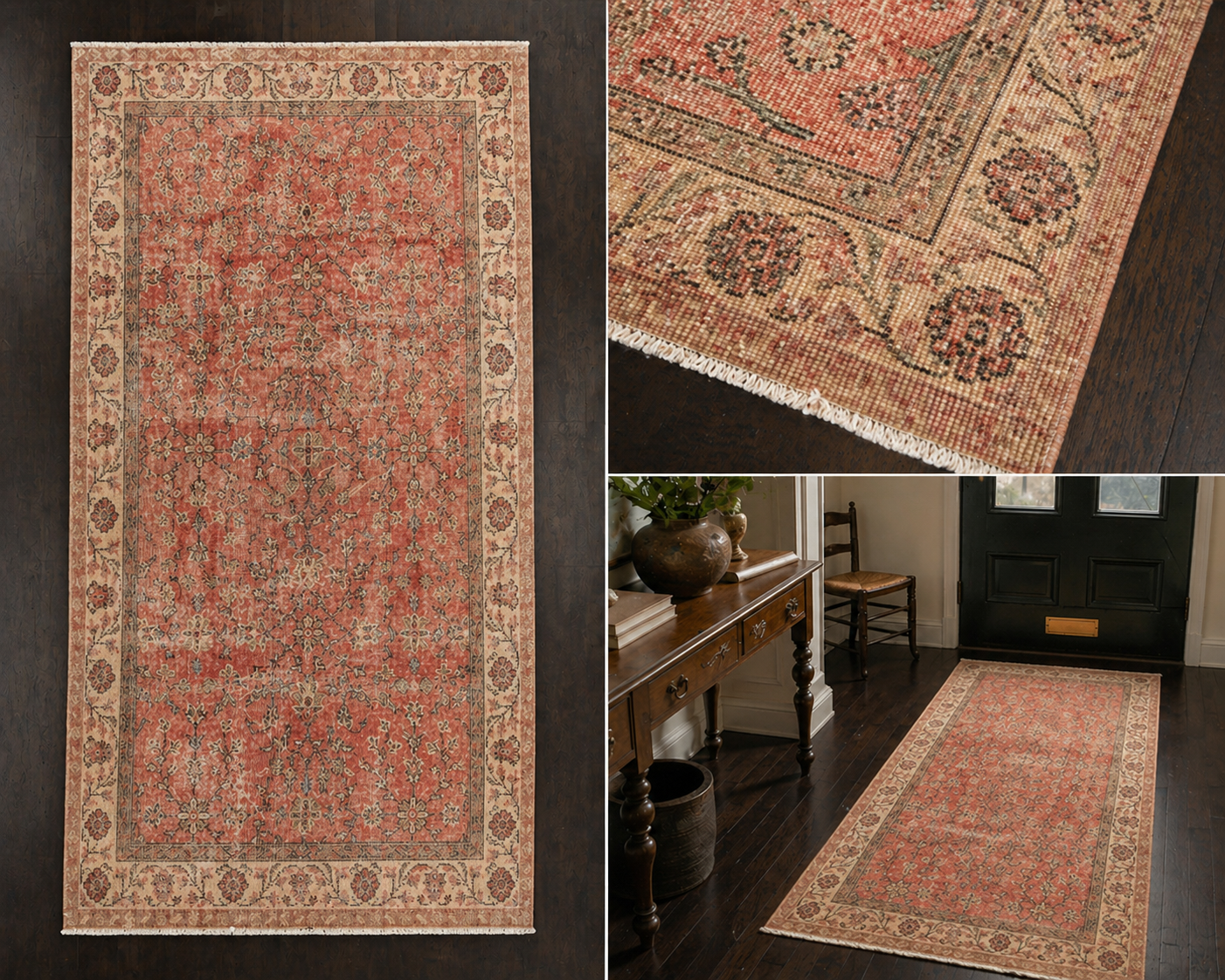 Vintage Turkish Rug 111x209 cm – Handmade Wool Soft Faded Coral Oushak Style Carpet