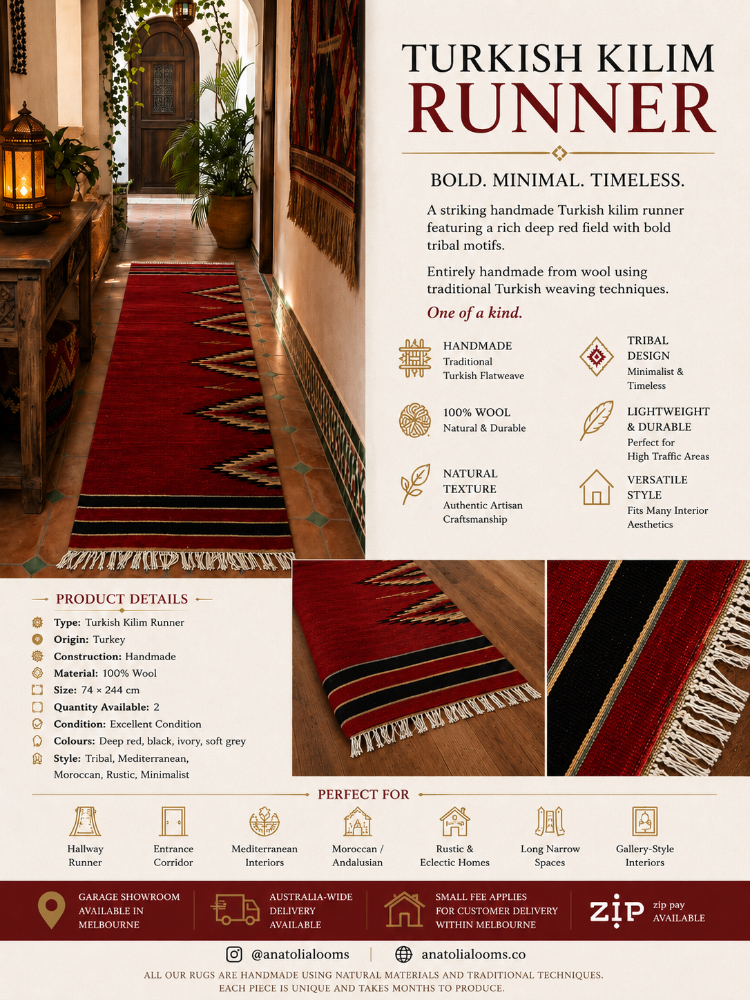 Handmade Turkish Kilim Runner – 74 × 244 cm – Vintage Red Wool Hallway Rug